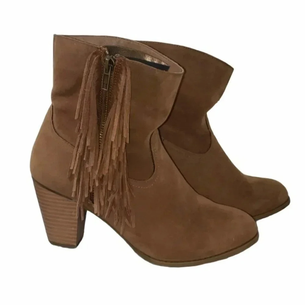 Y2K Rampage Frankey Tan Suede Fringe Ankle Boots Block Heel‎ Women's Size 8M
